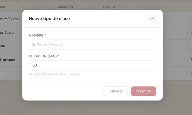 Modal de creación de un nuevo tipo de clase en SuMind Pilates, con campos de nombre y duración en minutos.