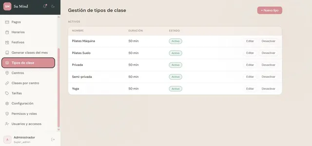Listado de tipos de clase en SuMind Pilates —Pilates Máquina, Pilates Suelo, Privada, Semi-privada y Yoga— con su estado activo.